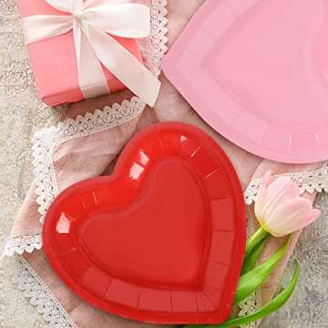 JarThenaAMCS 60Pcs Valentine's Day Paper Plates Heart Shaped Disposable Plates Red Pink Decorative Tableware for Holiday Anniversary Birthday Wedding Party Supplies
