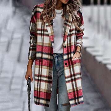 Women Casual Lapel Button Long Plaid Shirt Coat Plaid Long Jacket Coat Hiking Winter Jackets Quarter Length (Khaki, S)