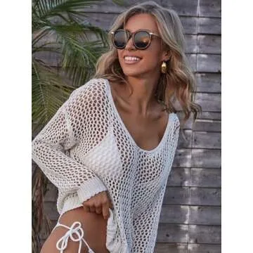 MakeMeChic Women's Bathing Suit Cover Ups Long Sleeve Crochet Swim Beach Cover Up Top White L