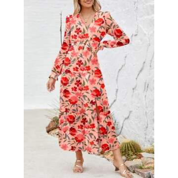 Dokotoo Summer Dresses for Women 2024 Boho Lantern Long Sleeve Dress High Waist Flowy Maxi Dress Side Split Sexy V-Neck Wedding Guest Dress Fashion Chiffon Beach Red Dresses X-Large