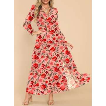 Dokotoo Summer Dresses for Women 2024 Boho Lantern Long Sleeve Dress High Waist Flowy Maxi Dress Side Split Sexy V-Neck Wedding Guest Dress Fashion Chiffon Beach Red Dresses X-Large