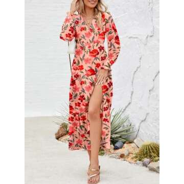 Dokotoo Summer Dresses for Women 2024 Boho Lantern Long Sleeve Dress High Waist Flowy Maxi Dress Side Split Sexy V-Neck Wedding Guest Dress Fashion Chiffon Beach Red Dresses X-Large