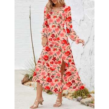 Dokotoo Summer Dresses for Women 2024 Boho Lantern Long Sleeve Dress High Waist Flowy Maxi Dress Side Split Sexy V-Neck Wedding Guest Dress Fashion Chiffon Beach Red Dresses X-Large