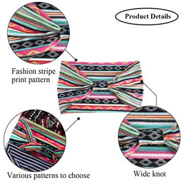 EARENT Boho African Headbands Yoga Wide Knot Hair Bands Sweat Printed Headwraps Elastic Turban Headscarfs Multicolor Headwear Outdoor Hair Accessories for Women and Girls (Wide stripes)