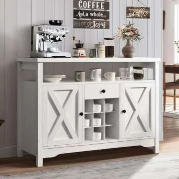 Coffee Bar Cabinet with Storage, 47” White Coffee Bar Station Cabinet, Farmhouse Coffee Bar Buffet Cabinet with Drawer, 9 Wine Racks, Barn Doors for Dining Room, Living Room