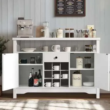 Coffee Bar Cabinet with Storage, 47” White Coffee Bar Station Cabinet, Farmhouse Coffee Bar Buffet Cabinet with Drawer, 9 Wine Racks, Barn Doors for Dining Room, Living Room