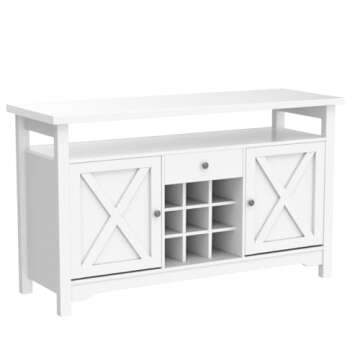 Coffee Bar Cabinet with Storage, 47” White Coffee Bar Station Cabinet, Farmhouse Coffee Bar Buffet Cabinet with Drawer, 9 Wine Racks, Barn Doors for Dining Room, Living Room