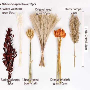 Happyhapi 76PCS Natural Pampas Grass Bouquet Dried Flowers for Vase Centerpiece Table Decor Home Dec...