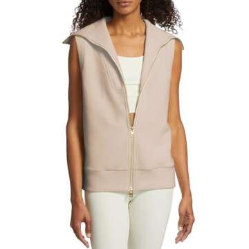 Tankaneo Womens Full Zip Sleeveless Sweater Vest Ribbed Knit Lapel Collar Sweatshirt Top, Medium, Khaki