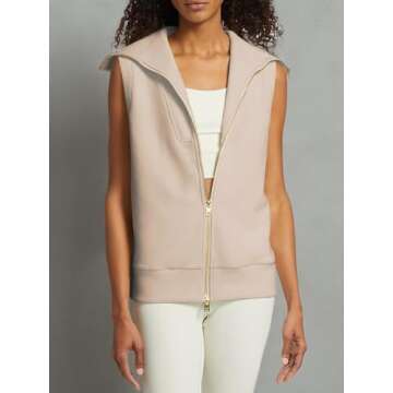 Tankaneo Womens Full Zip Sleeveless Sweater Vest Ribbed Knit Lapel Collar Sweatshirt Top, Medium, Khaki