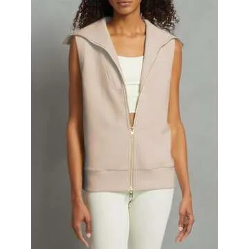 Tankaneo Womens Full Zip Sleeveless Sweater Vest Ribbed Knit Lapel Collar Sweatshirt Top, Medium, Khaki