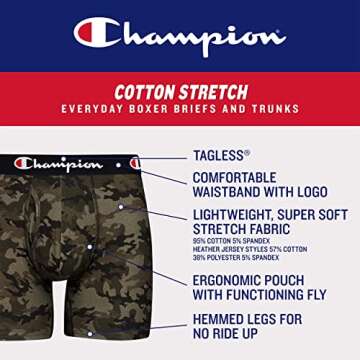 Champion Men's Boxer Briefs, Every Day Comfort Stretch Cotton Moisture-Wicking Underwear, Multi-Pack...