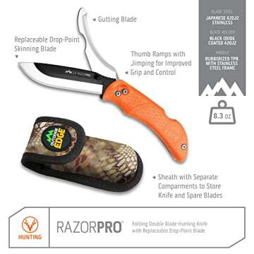 OUTDOOR EDGE RazorPro - Double Blade Folding Hunting Knife with Replaceable Razor Blade, Gutting Blade and Camo Nylon Sheath (Orange, 6 Blades)