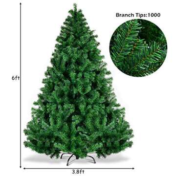 Goplus 6ft Artificial Christmas Tree, Premium Unlit Hinged Spruce Full Tree with 1000 Branch Tips, Metal Stand, Hinged Structure, Easy Assembly Festival Celebration Xmas Tree for Home, Office, Party