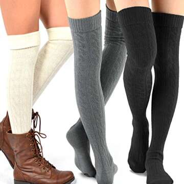 Cute Cable Cuff Crochet Fashion Over the Knee High Socks for Women & Girls 3 Pair (Dark Combo)