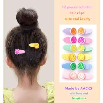 AACKS Hair Clips, 12 Pack - Happy Smile Faces, Colorful Y2K Party Favors, Preppy Hair Clips, Summer Beach Hair Accessories for Girls Kids Teen