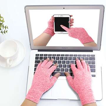 DISUPPO Arthritis Compression Gloves Relieve Pain from Rheumatoid, RSI,Carpal Tunnel, Hand Gloves Fingerless for Computer Typing and Dailywork, Support for Hands and Joints (L, Pink)