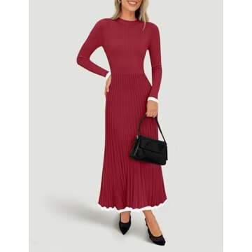 ZESICA Women's Long Sleeve Sweater Dress Fall Crewneck Ribbed Knit Pleated A-Line Maxi Wedding Guest...