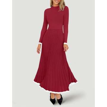 ZESICA Women's Long Sleeve Sweater Dress Fall Crewneck Ribbed Knit Pleated A-Line Maxi Wedding Guest Dresses, Wine, Medium