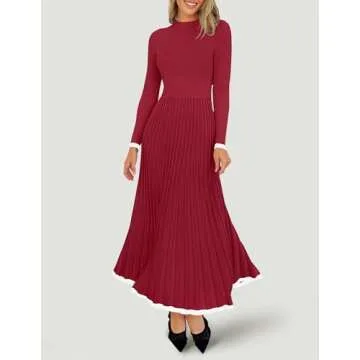 ZESICA Women's Long Sleeve Sweater Dress Fall Crewneck Ribbed Knit Pleated A-Line Maxi Wedding Guest Dresses, Wine, Medium