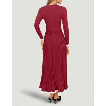 ZESICA Women's Long Sleeve Sweater Dress Fall Crewneck Ribbed Knit Pleated A-Line Maxi Wedding Guest Dresses, Wine, Medium
