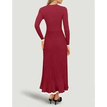 ZESICA Women's Long Sleeve Sweater Dress Fall Crewneck Ribbed Knit Pleated A-Line Maxi Wedding Guest Dresses, Wine, Medium
