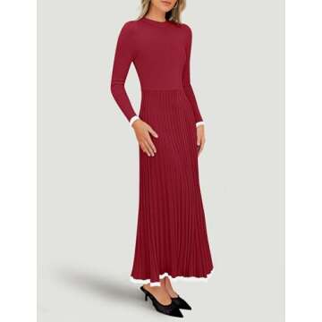 ZESICA Women's Long Sleeve Sweater Dress Fall Crewneck Ribbed Knit Pleated A-Line Maxi Wedding Guest Dresses, Wine, Medium