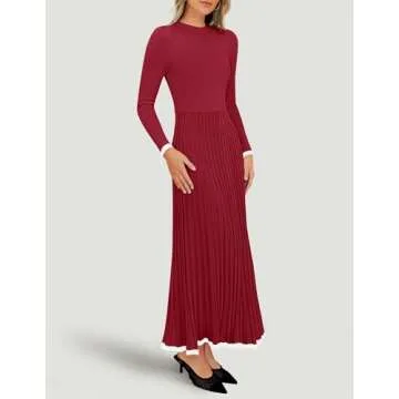 ZESICA Women's Long Sleeve Sweater Dress Fall Crewneck Ribbed Knit Pleated A-Line Maxi Wedding Guest Dresses, Wine, Medium