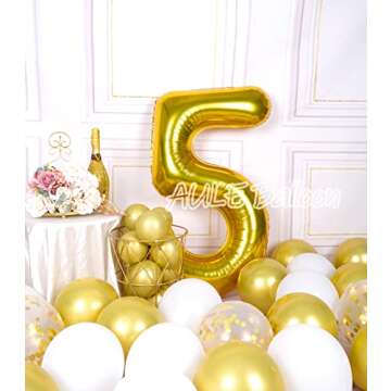 AULE 40 Inch Big Gold 5 Balloon Number Large Foil Helium Number Balloons 0-9 Jumbo Giant Happy 5th Birthday Party Decorations for Boy or Girl Huge Mylar Anniversary Party Supplies