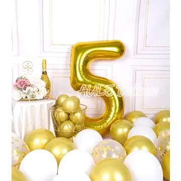 AULE 40 Inch Big Gold 5 Balloon Number Large Foil Helium Number Balloons 0-9 Jumbo Giant Happy 5th Birthday Party Decorations for Boy or Girl Huge Mylar Anniversary Party Supplies