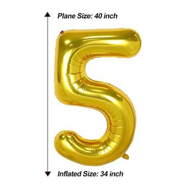 AULE 40 Inch Big Gold 5 Balloon Number Large Foil Helium Number Balloons 0-9 Jumbo Giant Happy 5th Birthday Party Decorations for Boy or Girl Huge Mylar Anniversary Party Supplies