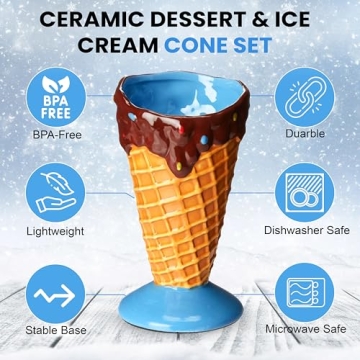 Kovot Ceramic Dessert Ice Cream Cone Set - 4 Cones & Spoons