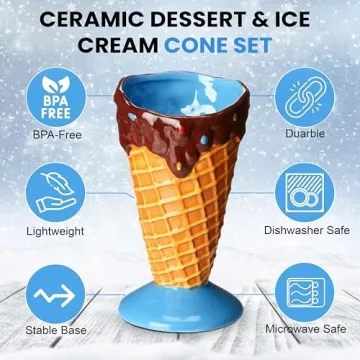 Kovot Ceramic Dessert Ice Cream Cone Set - 4 Cones & Spoons