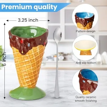 Kovot Ceramic Dessert Ice Cream Cone Set - 4 Cones & Spoons