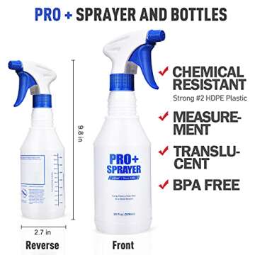 Airbee Plastic Spray Bottles 2 Pack 16 Oz for Cleaning Solutions, Essential Oils, Hair, Planting, Bleach, Professional Empty Spraying Bottle, Mist Water Sprayer with Adjustable Nozzle and Measurements
