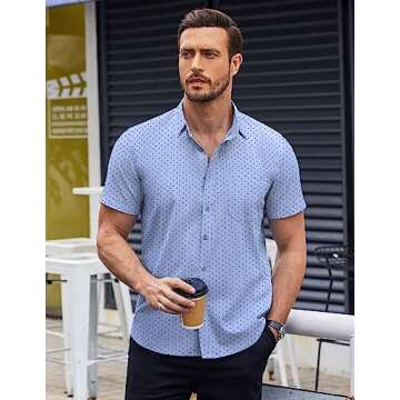 COOFANDY Mens Polka Dot Button Up Shirt Muscle Fit Dress Shirt Wrinkle Free Dress Summer Shirt Clear Blue