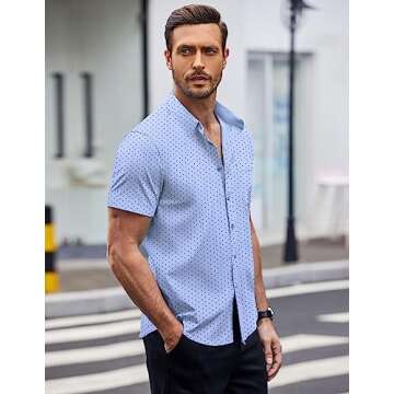 COOFANDY Mens Polka Dot Button Up Shirt Muscle Fit Dress Shirt Wrinkle Free Dress Summer Shirt Clear Blue