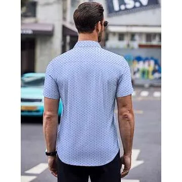 COOFANDY Mens Polka Dot Button Up Shirt Muscle Fit Dress Shirt Wrinkle Free Dress Summer Shirt Clear Blue