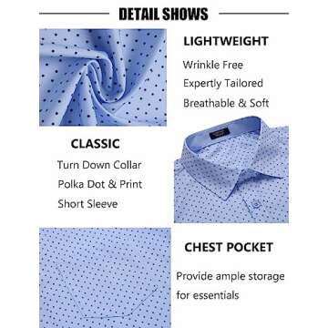 COOFANDY Mens Polka Dot Button Up Shirt Muscle Fit Dress Shirt Wrinkle Free Dress Summer Shirt Clear Blue