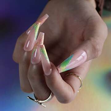 MqpQ Rainbow Pink Press On Nails Long Coffin Colorful Gradient Glitter Bling Fake Nails 24pcs Glossy Acrylic False Nails For Women