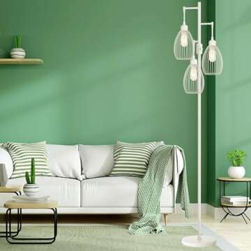 Dimmable Floor Lamp, 3 x 800LM LED Edison Bulbs Included, Farmhouse Industrial Floor Lamp Standing Lamp with Elegant Teardrop Cage Head Tall Lamp for Living Room Bedroom Office Dining Room - White