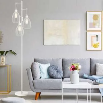 Dimmable Floor Lamp, 3 x 800LM LED Edison Bulbs Included, Farmhouse Industrial Floor Lamp Standing Lamp with Elegant Teardrop Cage Head Tall Lamp for Living Room Bedroom Office Dining Room - White