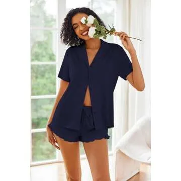 Ekouaer Pajamas Set for Women Short Sleeve Sleepwear Button Down Pjs Lounge Sets Soft Nightwear Navy...