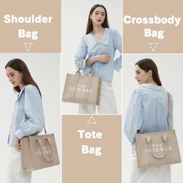 Lumglue The Tote Bag for Women, PU Leather Large Tote Bag, Handbag Personalized Beige Tote Bag Shoulder, Crossbody for Work, Travel（Beige）