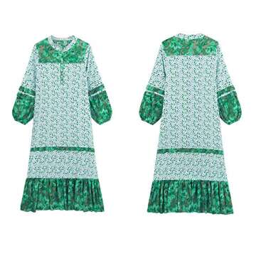 R.Vivimos Women's Long Sleeve Floral Print Bohemian Maxi Dresses with Slit (XL, Green)