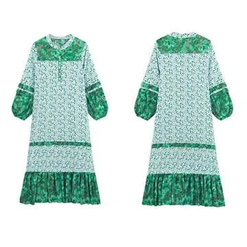 R.Vivimos Women's Long Sleeve Floral Print Bohemian Maxi Dresses with Slit (XL, Green)