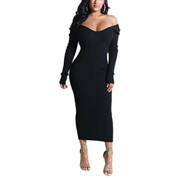 Cosygal Women's Casual Sexy Solid Off Shoulder Slim Maxi Long Knit Sweater Dress Black Large