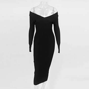 Cosygal Women's Casual Sexy Solid Off Shoulder Slim Maxi Long Knit Sweater Dress Black Large