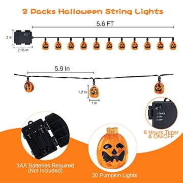 Vigdur 2 Pack Halloween Pumpkin Lights - 3D Orange Jack-O-Lantern 20 LED Battery Operated String Lights for Indoor Outdoor Halloween Party Bedroom Home Holiday Decor