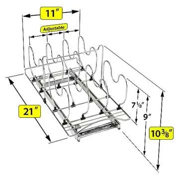 LYNK PROFESSIONAL® Pot and Pan Organizer for Cabinet - Pull Out Pan Organizer Rack - Slide Out Pans and Pots Lid Drawer - Under Cabinet Kitchen Organization and Sliding Storage - 11" W x 21" D, Chrome